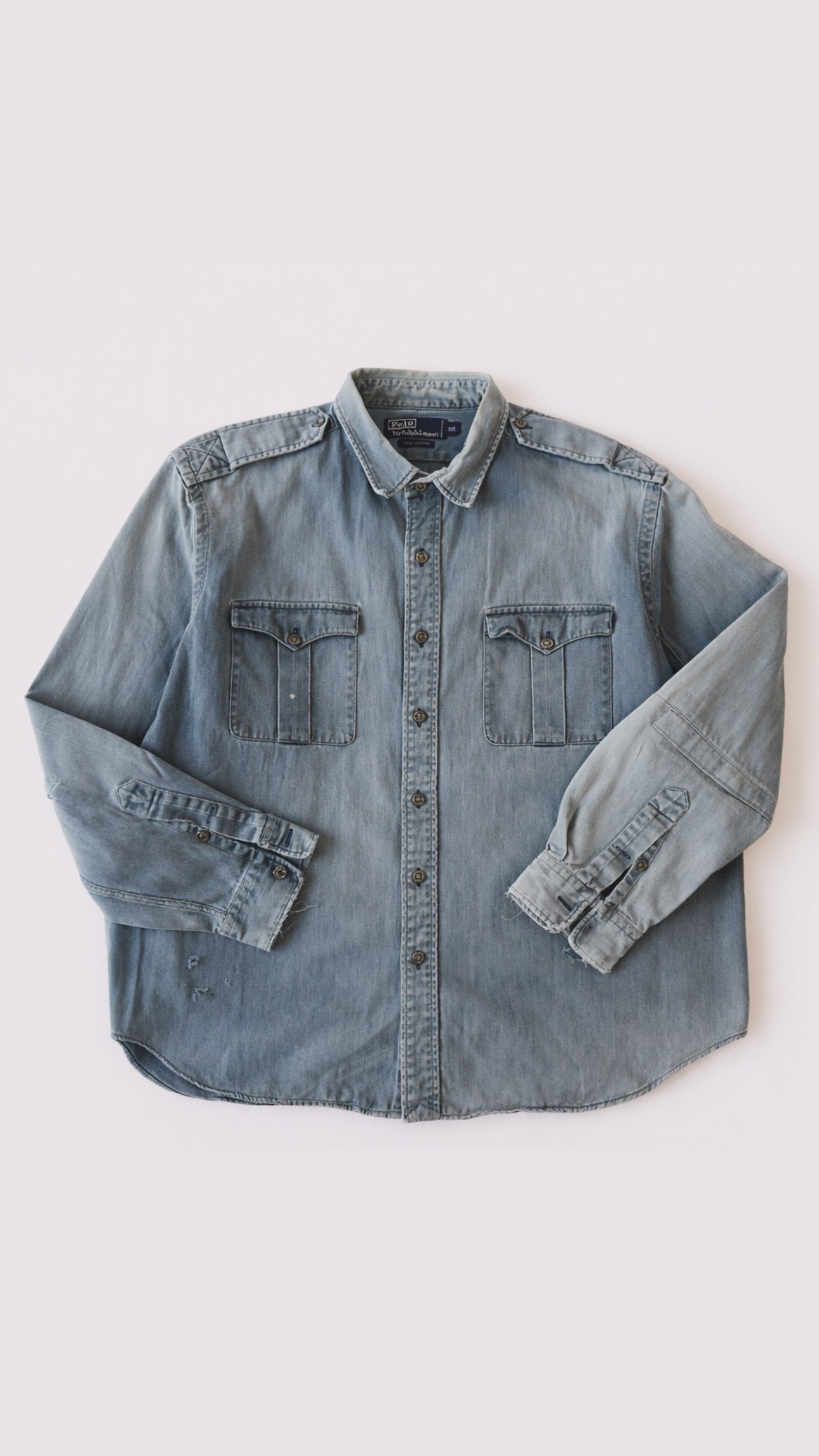 1990s Polo Ralph Lauren Faded Blue Repaired Long Sleeve Shirt